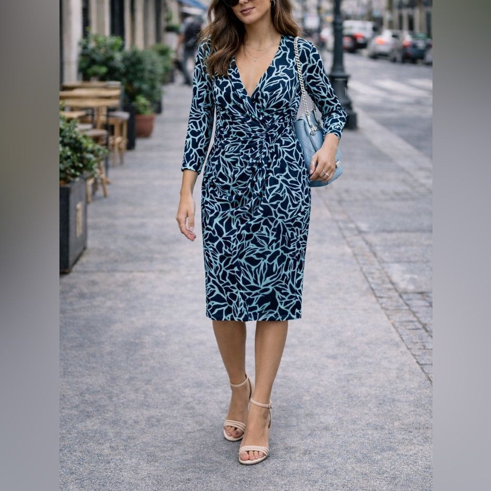 American Living Ruched Faux Wrap Dress – Blue Leaf Print, 3/4 Sleeve, Size 4